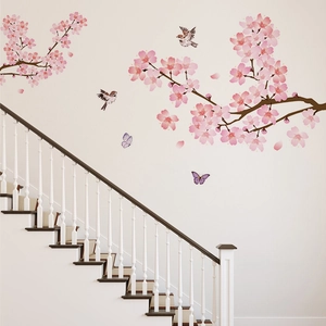 Sticker Mural Fleur De Cerisier Rose Amovible PVC Fleur Oiseau Papillon Mural Décalcomanie Pour Salon Chambre Décoration Maison