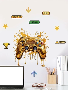 Detail showing golden liquid-style game controller wall decals on a white bedroom wall
