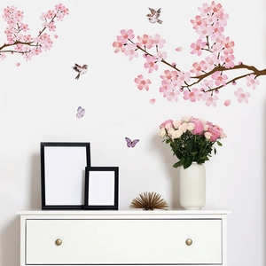Stickers muraux fleurs de cerisier rose avec oiseaux et papillons pour salon déco