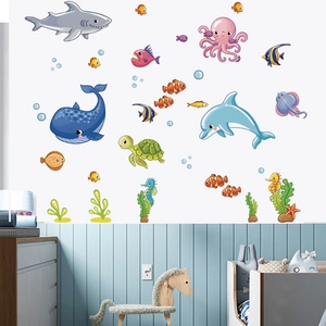 Stickers Muraux Animaux Marins Dessin Animé Requin Baleine Dauphin Autocollants PVC Imperméables pour Chambre d'Enfants Salle de Bain Décor