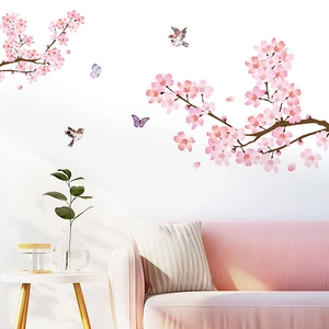 Stickers muraux fleurs de cerisier roses avec oiseaux et papillons pour salon moderne