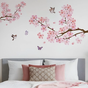 Stickers muraux fleurs de cerisier roses avec oiseaux et papillons pour le salon