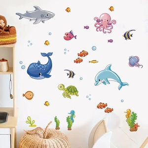Stickers muraux animaux marins avec requin et baleine pour décor chambre d'enfant