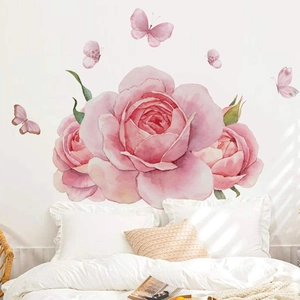 Autocollant Mural Aquarelle Moderne Rose Rose Papillon PVC Imperméable Floral Décalcomanie pour Chambre à Coucher Salon Décor Mural