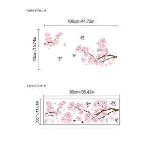 Stickers muraux fleurs de cerisier roses avec oiseaux et papillons pour salon