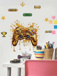 Detail showing golden game controller wall decals with gaming UI elements in a bedroom
