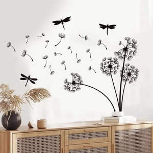 Minimalist black dandelion and dragonfly wall sticker set for living room and bedroom decor