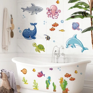 Stickers muraux animaux marins avec requin et baleine pour décoration de salle de bain