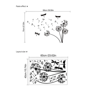 Black dandelion and dragonfly wall stickers for home decor with paste effect dimensions