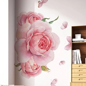 Stickers muraux roses à l'aquarelle avec papillons pour décoration intérieure élégante
