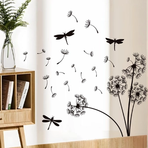 Black dandelion and dragonflies wall stickers decor for living room or bedroom