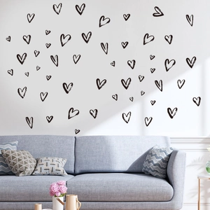 Self-adhesive black heart wall decals for living room decoration with PVC hand-drawn patterns