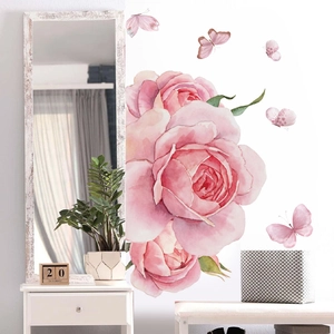Stickers muraux aquarelle de roses roses et papillons pour décoration de chambre