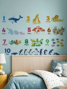 Educational wall stickers with cartoon animals and numbers 1-10 in a blue nursery room