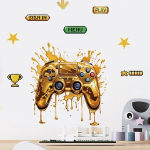 Golden liquid fluid game controller wall sticker set with pixel art play menu icons