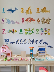 Educational animal number wall decals for kids' room featuring colorful cartoon illustrations