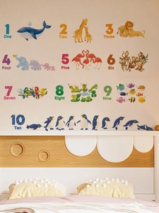 Detail of educational wall stickers featuring numbers and cartoon animals in a kid's room