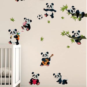 Cute panda wall stickers set featuring pandas playing music and climbing bamboo for nursery