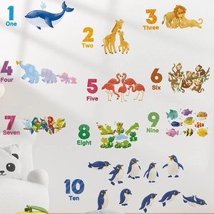 Educational 1-10 number wall stickers with colorful cartoon animals for kids room
