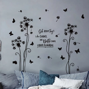 Black dandelion and butterfly wall sticker with German inspirational quote for bedroom decor