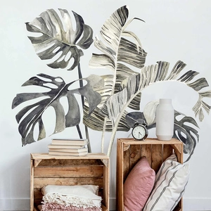Tropical monstera and palm leaf wall stickers in minimalist watercolor gray for home decor
