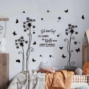 Black butterfly dandelion wall decal with German inspirational quote for home decor