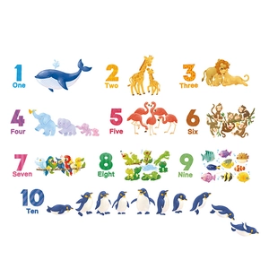 Educational animal number wall decals from 1 to 10 for kids room decor in watercolor style