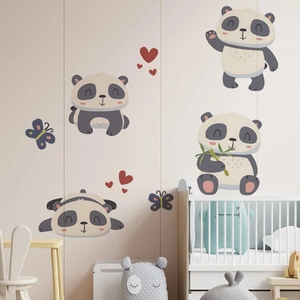 Adesivi murali panda carini con animali cartoon e cuori per decoro camera bambini