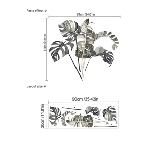 Monochrome tropical monstera leaf wall decal with paste effect and layout size specifications