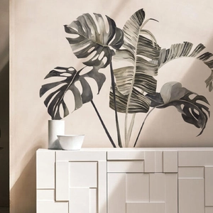Monstera and banana leaf wall stickers in muted green for modern home decor