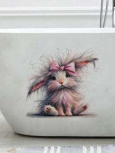 Detailed view of fluffy watercolor Easter bunny sticker with pink bow on a white bathtub