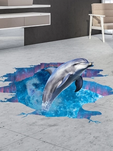 Detail of 3D dolphin floor sticker with realistic water splash and broken wall effect