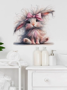 Fluffy Easter bunny wall sticker detail on a clean white bathroom wall background