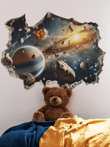 3D space wall sticker detail showing cosmic planet design in a cozy kids room decor