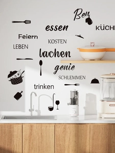 Detailed kitchen wall decal with German verbs and cutlery icons for home decor