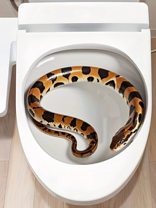 Detailaufnahme einer realistischen Schlange für Streiche in einer weißen Toilette