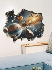 3D space wall decal showing planets and asteroids through a broken wall effect for living room