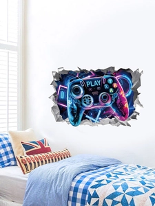 3D broken wall game controller wall sticker with neon blue and purple gaming visual effects