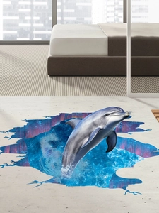 Detailed 3D dolphin floor sticker mural featuring a realistic breaking wall water effect