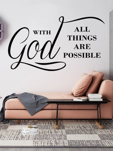 Modern living room wall decal featuring With God All Things Are Possible quote on white wall