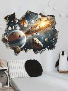 Detail view of 3D universe wall sticker with planets breaking through a cracked wall effect
