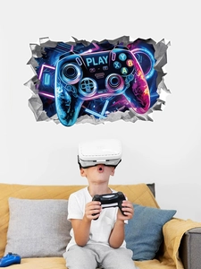 Detail of 3D cracked wall decal featuring a neon game controller for gaming rooms