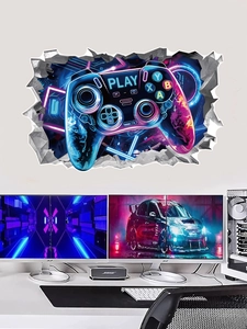 3D broken wall effect gaming wall sticker with neon cyberpunk controller design