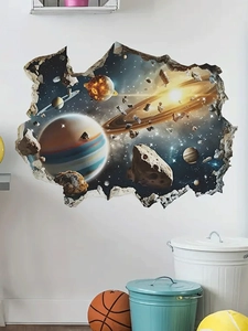 3D space galaxy wall sticker with Saturn and cosmic planets through a broken wall effect