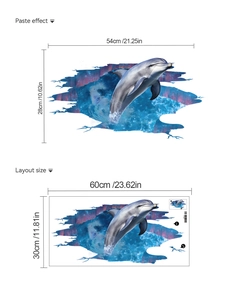 Detail showing 3D dolphin wall sticker layout dimensions and the final paste effect
