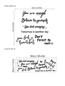 Stickers muraux inspirants montrant les dimensions du design et la taille finale sur blanc