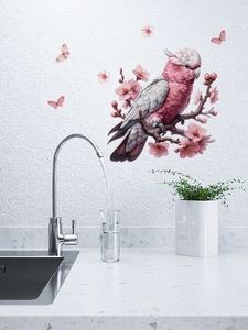 Pink cockatoo and cherry blossoms self-adhesive PVC wall sticker on a bathroom wall