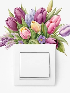 Detail of colorful tulip wall decals for a light switch with purple and pink flower accents