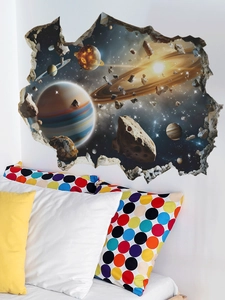 Detail showing 3D outer space wall decal with planets and meteorite through broken wall effect
