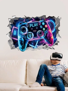 Detail of 3D broken wall game controller sticker with blue and purple neon light effect
